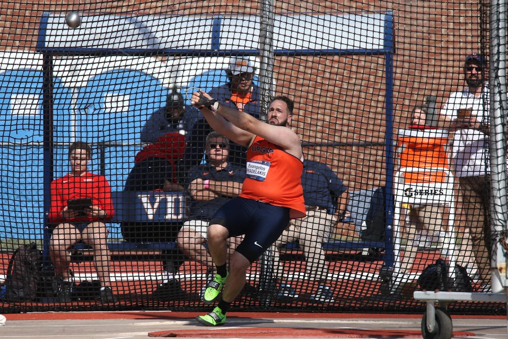 Graduate thrower Evangelos Fradelakis won the men's hammer throw competition with a best distance of 61.24 meters (200’11”).